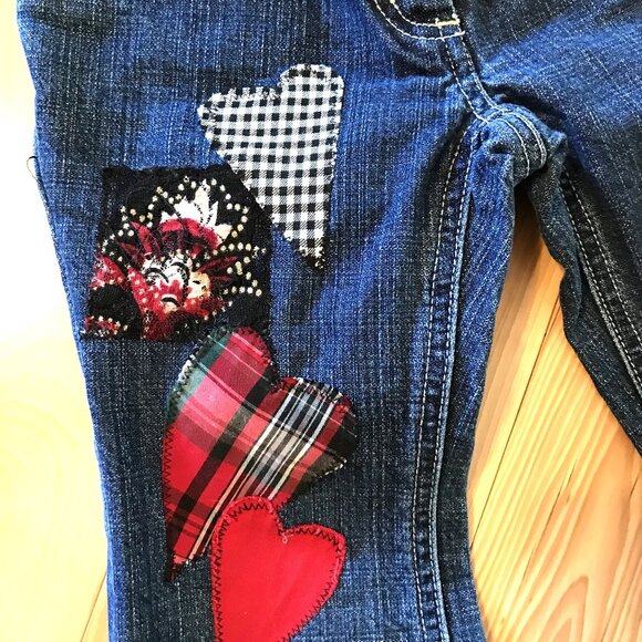 Upcycled Patchwork Jeans, Child's Size 5: Handmade Heart Patches Front and Back - Picture 6 of 16